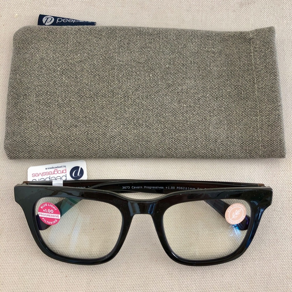 New Coffee Cavern Peepers Progressive blue light filter readers  +1.00 & case
